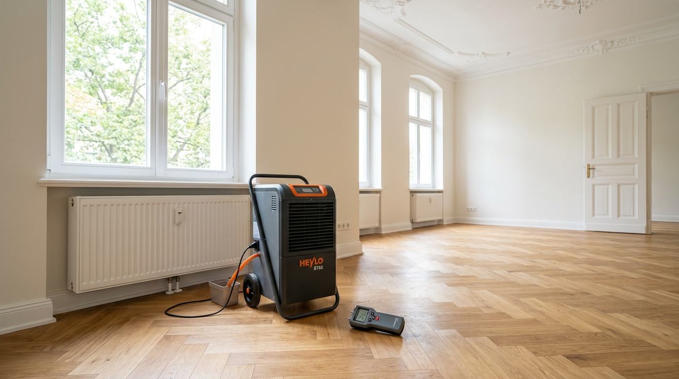 Bautrockner und Feuchtemessgerät im sanierten Altbau, Wasserschadensanierung Freiburg